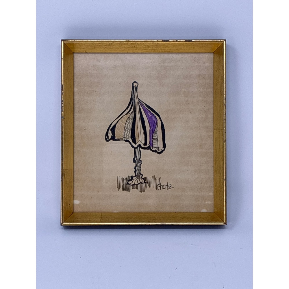 Vntg Tom Shultz MCM Mixed Media Pen & Ink Mushroom Illust Framed Original Ink